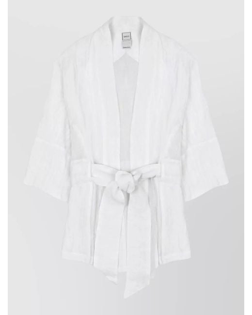120% Lino White Linen Kimono Jacket Belted Waist Design