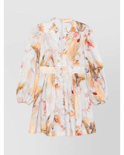 Zimmermann White Linen Floral-Print V-Neck Long-Sleeve Mini Dress