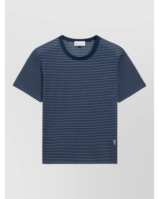 AMI Blue Short Sleeves Striped T Shirt Round Neck for men