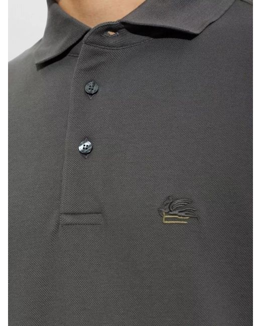 Etro Gray Cotton Polo Shirt Logo Detail for men