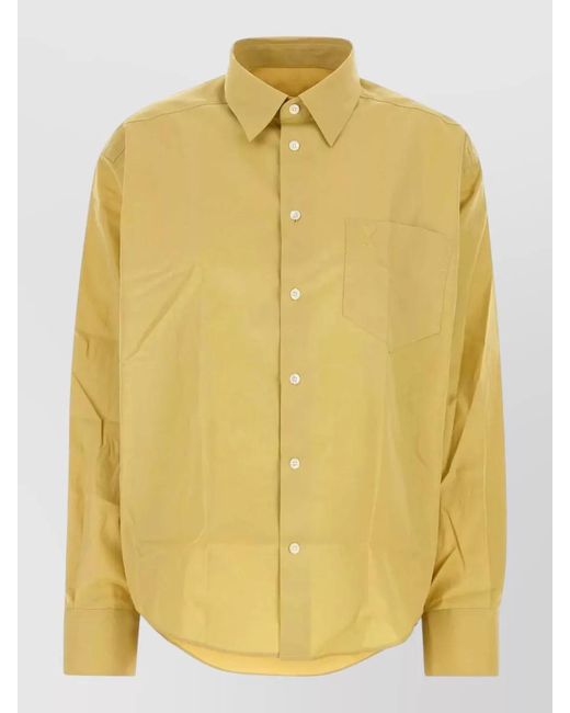 AMI Yellow Poplin Shirt Chest Pocket Curved Hem for men
