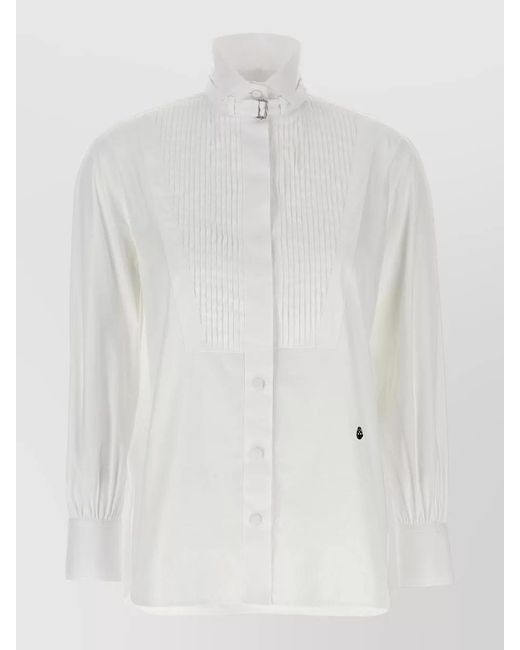 McQueen White Tuxedo Shirt Embroidered High Collar Pleated