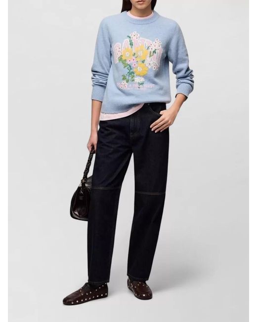 Ganni Blue Floral Crew Neck Top Long Sleeves