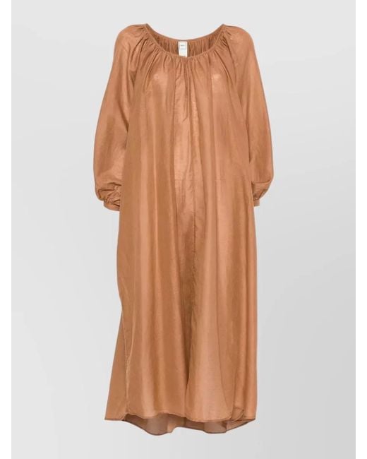 120% Lino Brown Long Dress Linen Cotton V Neckline
