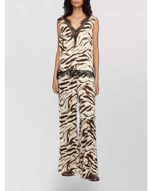 Ganni Metallic Tiger Print V Neck Lace Satin Top
