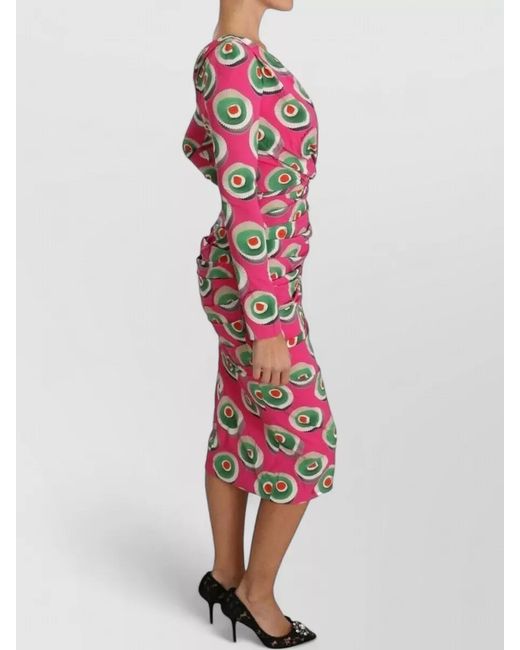 Dolce & Gabbana Red Silk Printed V-Neck Long-Sleeve Midi Dress