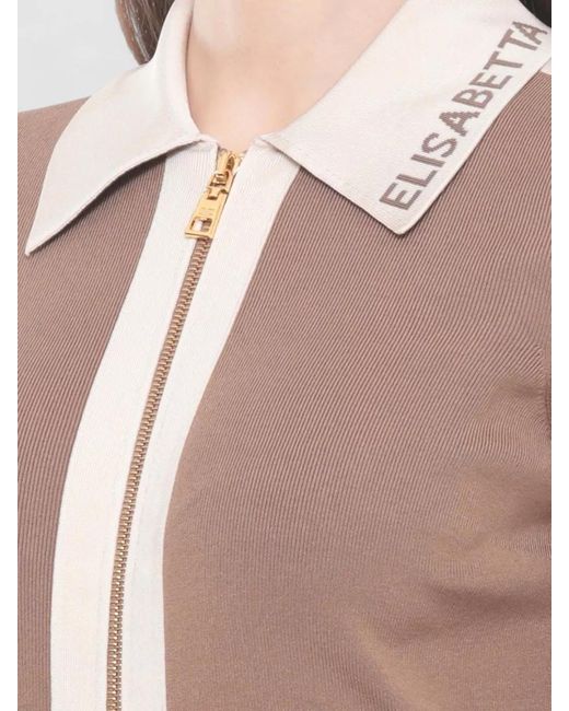 Elisabetta Franchi Brown Crewneck Viscose Sweater Ribbed Logo Collar