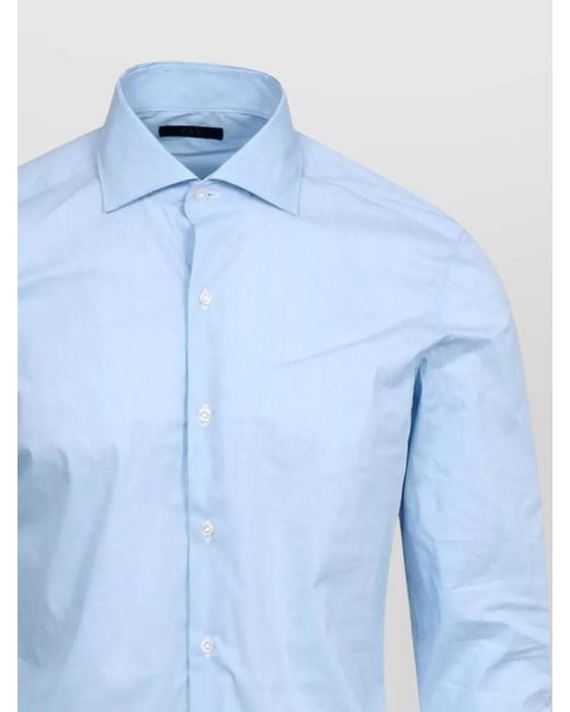 Fay Blue Long Sleeve Shirt Curved Hem Buttondown Collar for men