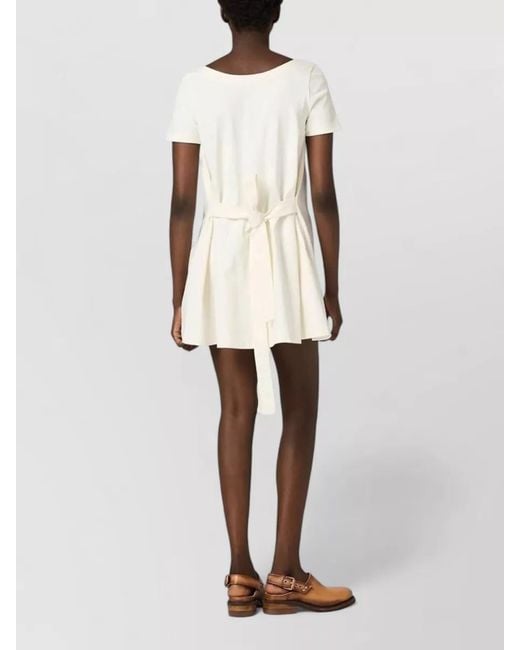 Miu Miu White Jersey Mini Dress Belted Waist Bow Back