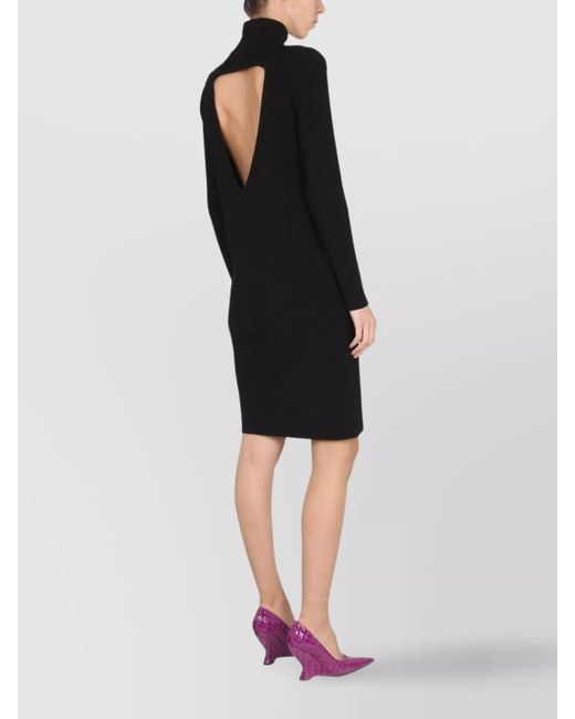 Bottega Veneta Black Ribbed Knit High-Neck Knee-Length Dress