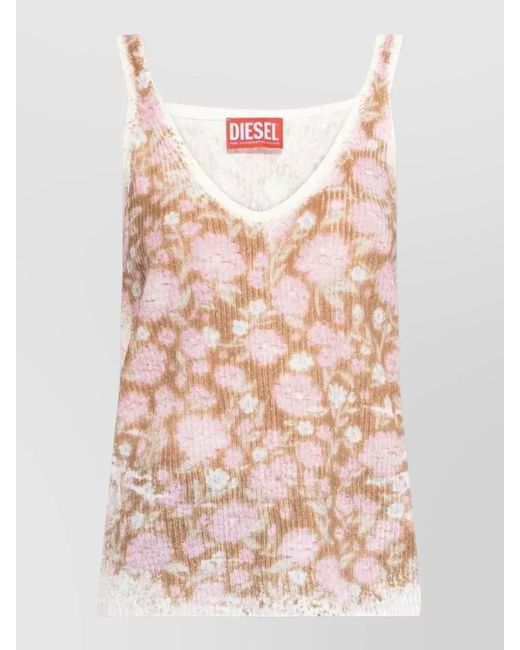DIESEL Pink Floral Ribbed Knit Sleeveless V Neck Top