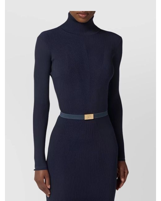 Elisabetta Franchi Blue Turtleneck Long Sleeve Knee-Length Dress