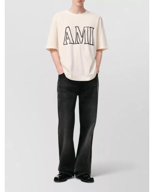 AMI Natural Relaxed Fit Cream Graphic T-Shirt With Bold Text for men