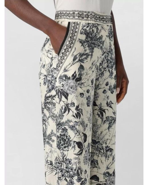 SIMONA CORSELLINI White High Waist Trousers Contrasting Waistband Floral Pattern