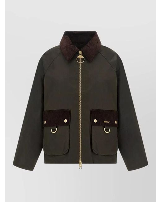 Barbour Black Carville Hooded Jacket Corduroy Collar Pockets