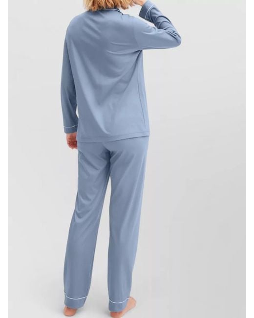 Calida Blue Pyjama Set Contrast Piping Notched Collar