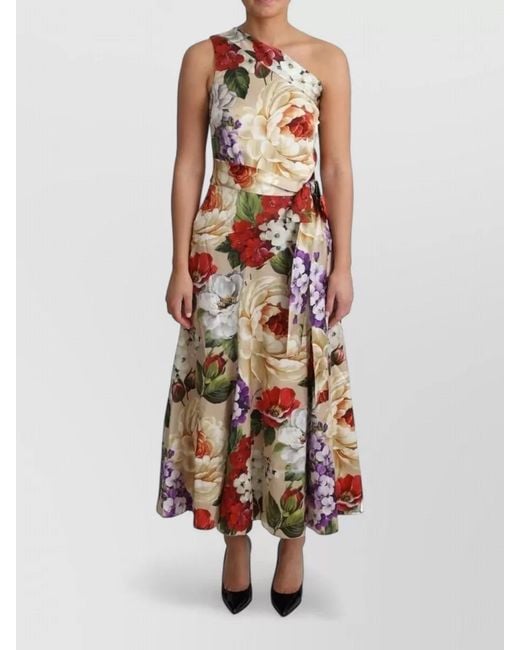 Dolce & Gabbana White Silk One-Shoulder Floral-Print Maxi Dress