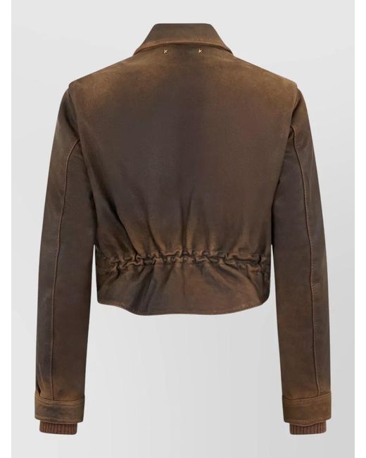 Golden Goose Deluxe Brand Brown Short Leather Jacket Long Sleeves Collar