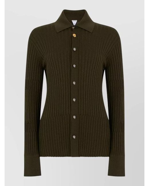 Bottega Veneta Green Silk Cashmere Ribbed Knit Long Sleeve Shirt