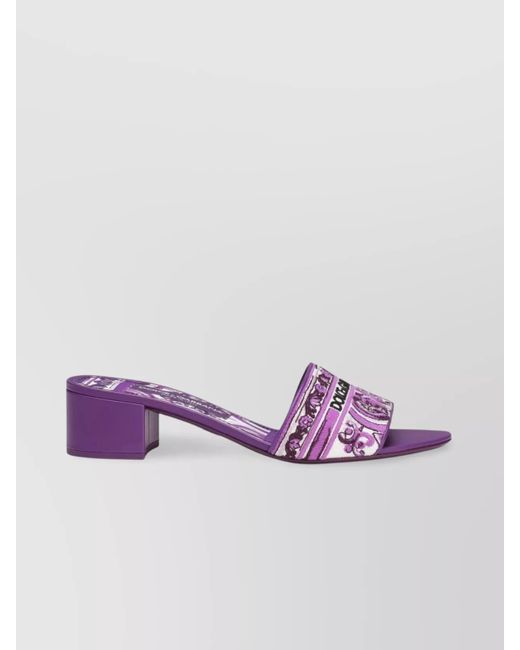 Dolce & Gabbana Purple Embroidered Strap Slide Sandals With Low Block Heel