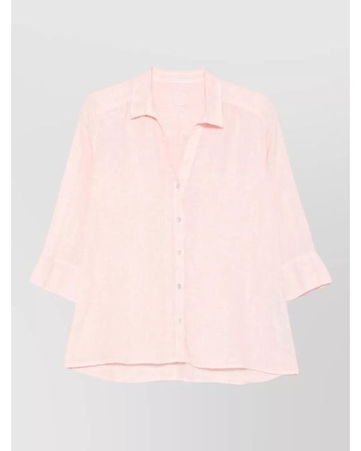 120% Lino Pink Linen Shirt Long Sleeve V Neck