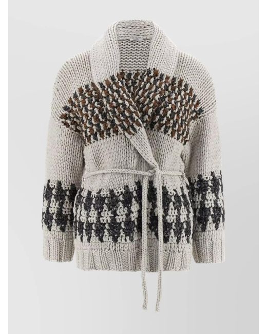Brunello Cucinelli Multicolor Prince Of Wales Knit Cardigan With Belt