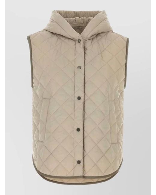 Brunello Cucinelli Natural Hooded Nylon Sleeveless Jacket Quilted Design