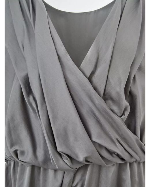 Lardini Gray Silk Draped V-Neck Sleeveless Midi Dress
