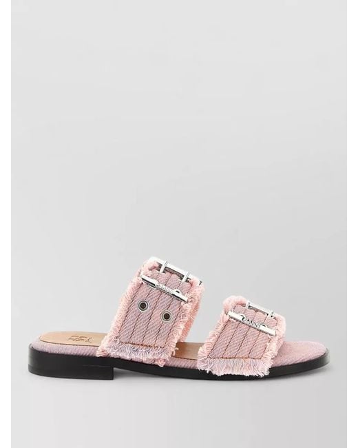 Ganni Pink Denim Buckle Fringed Sandals