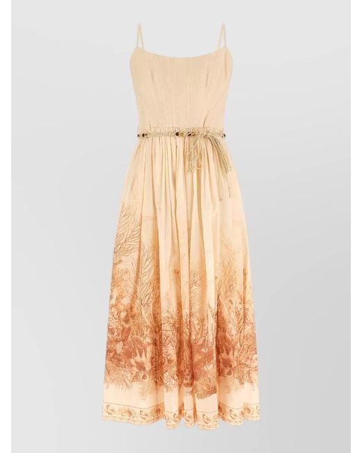 Zimmermann Natural Dress Fitted Bodice Pleated Skirt Spaghetti Straps