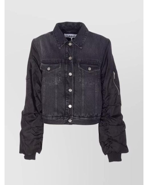 Ganni Blue Modern Denim Jacket Contrast Sleeves