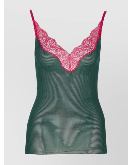 Saint Laurent Green Lace Trim V-Neck Top
