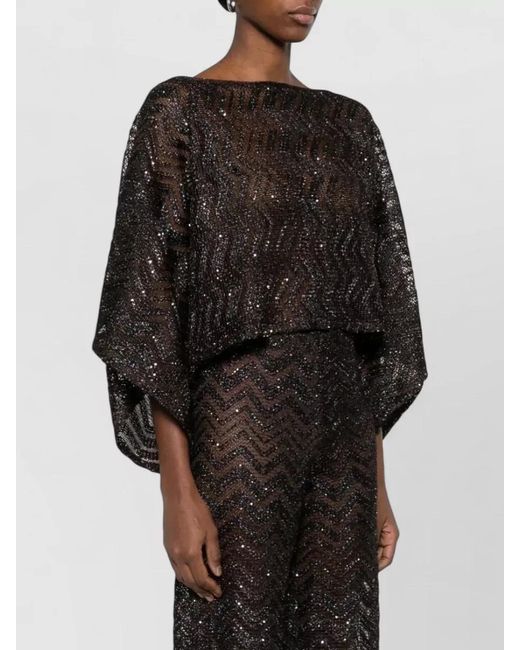 Missoni Black Cropped Top Wide Sleeves Sequin Sheer Zigzag