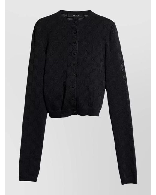 Gucci Black Sheer Knit Cardigan Ribbed Cuffs Hem