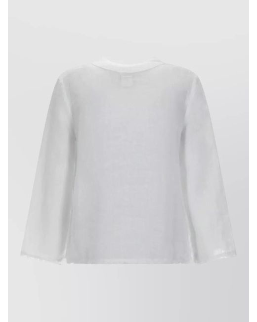 120% Lino White V Neck Shirt Long Sleeves Sequins Sheer