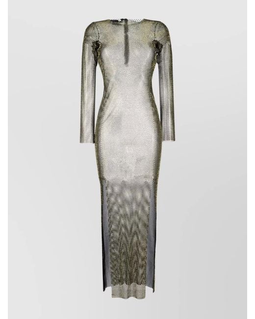 Santa Brands Gray Rhinestone Embellished Mesh Maxi Dress