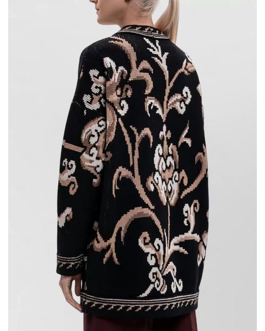 Etro Black Wool Cardigan Floral Pattern Front Pockets