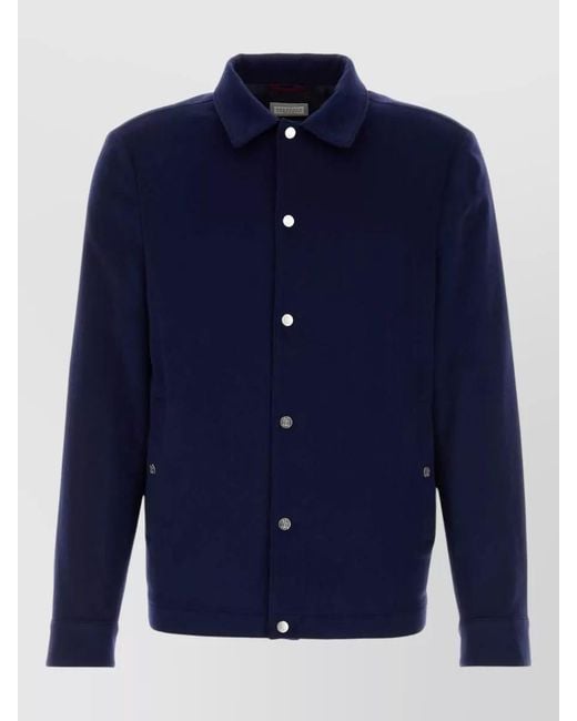 Brunello Cucinelli Blue Cashmere Jacket Collared Design Front Pockets for men