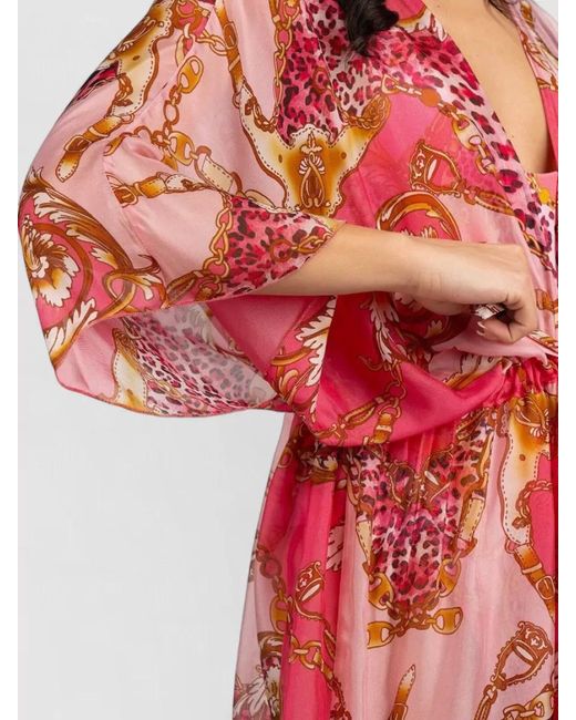 Guess Red Dress Bold Print Kimono Sleeves Sheer Waist Tie V Neckline