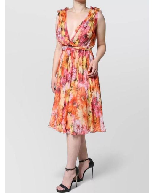 Dolce & Gabbana White Floral Sleeveless Midi Dress Deep Neckline