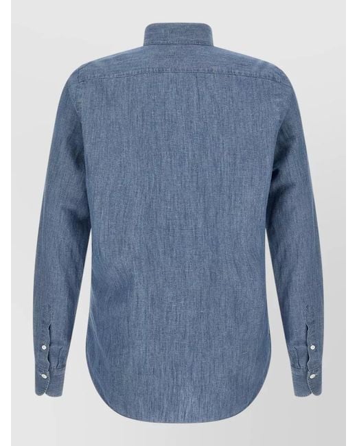 Finamore 1925 Blue Zurigo Shirt Button Collar Chest Pockets for men