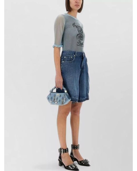Ganni Blue Bunny Crew Neck Knit Top Sheer
