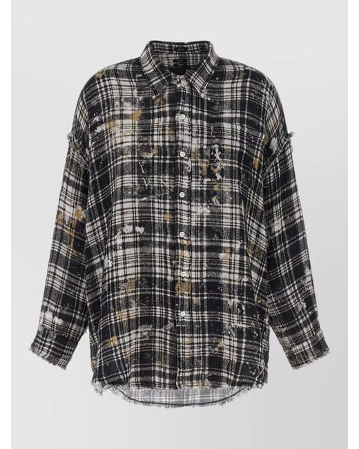 R13 Black Plaid Shirt Long Sleeves Frayed Hem