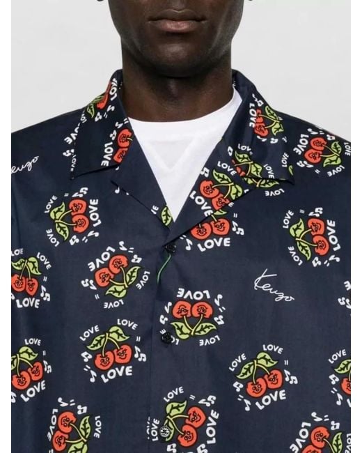 KENZO Blue Short Sleeve Cherry Print Shirt for men