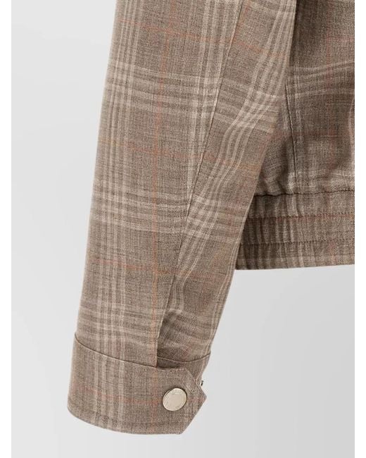 Brunello Cucinelli Brown Tartan Wool Silk Linen Stand Collar Jacket for men