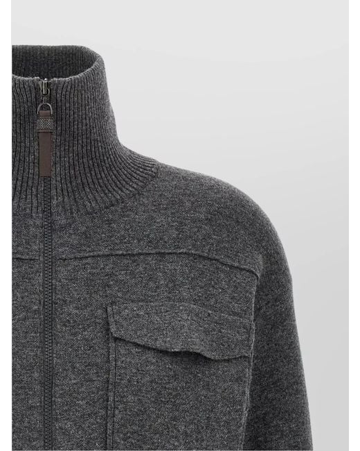 Brunello Cucinelli Gray 'Shiny Zipper Pull' Wool Cardigan