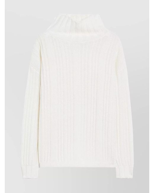 Max Mara White Cashmere Wool Oversized Ribbed Turtleneck Sweater