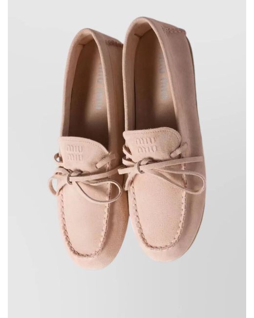 Miu Miu Pink Loafers Bow Detail Rubber Sole Stitching