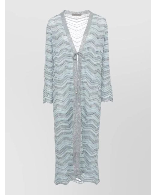 D.exterior Blue Long Cardigan Lurex Pattern Sheer Knit