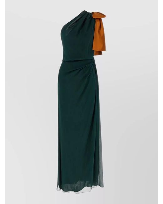 Saint Laurent Green One Shoulder Floor Length Dress Bow